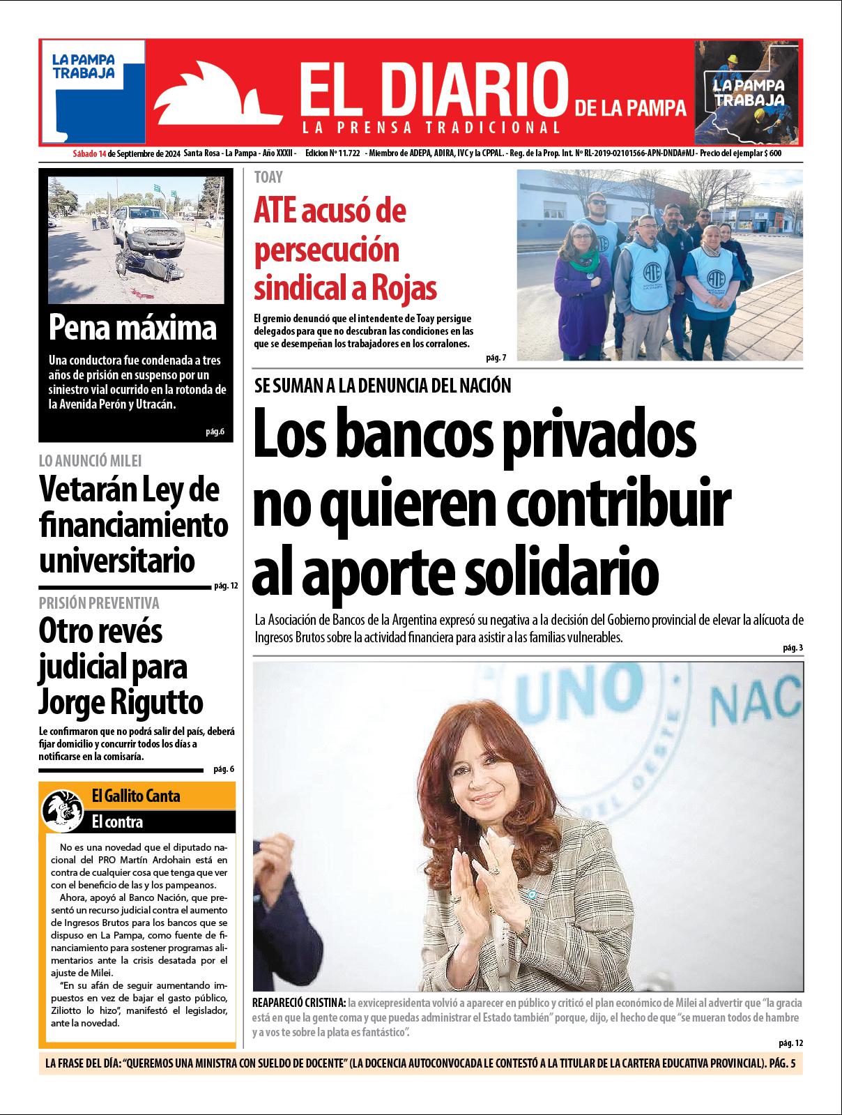 Tapa de El Diario en papel  saacutebado 14 de septiembre de 2024